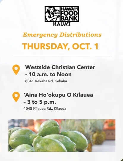 Hawai'i Foodbank Kaua'i flyer for the Westside Christian Center and 'Aina Ho'okupu O Kīlauea food distributions on Thursday, October 1