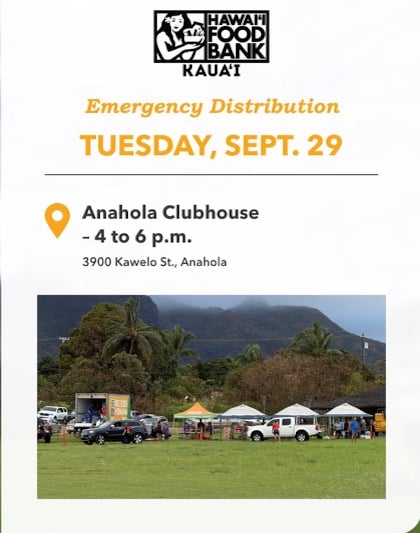 Hawai'i Foodbank Kaua'i flyer for the Anahola Clubhouse food distribution on Tuesday, September 29