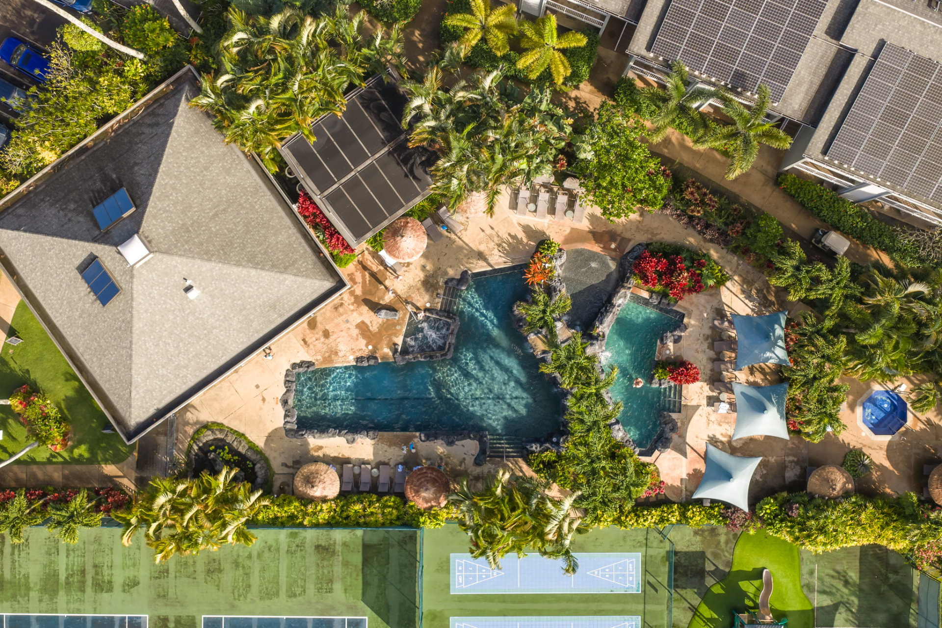 Aerial view of the pool and tropical grounds at The Cliffs at Princeville